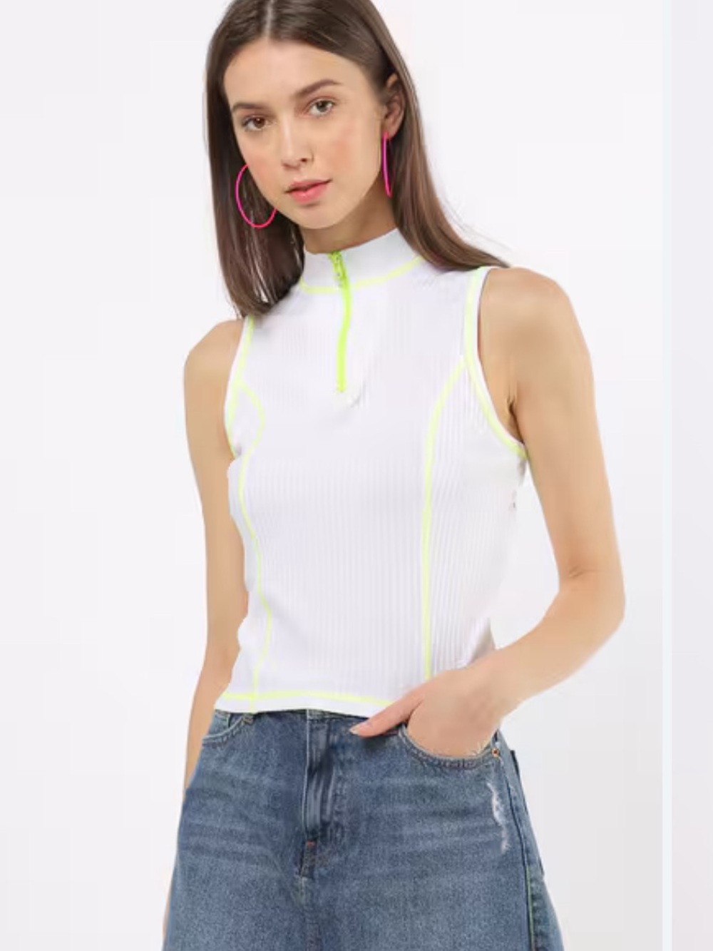 bershka white high necked crop top with yellow contrasting detail and a zipper s